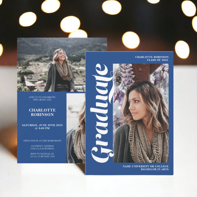 Blue Graduate Script 3 Foto Abschluss Einladung (Blue graduate script 3 photo graduation invitation)