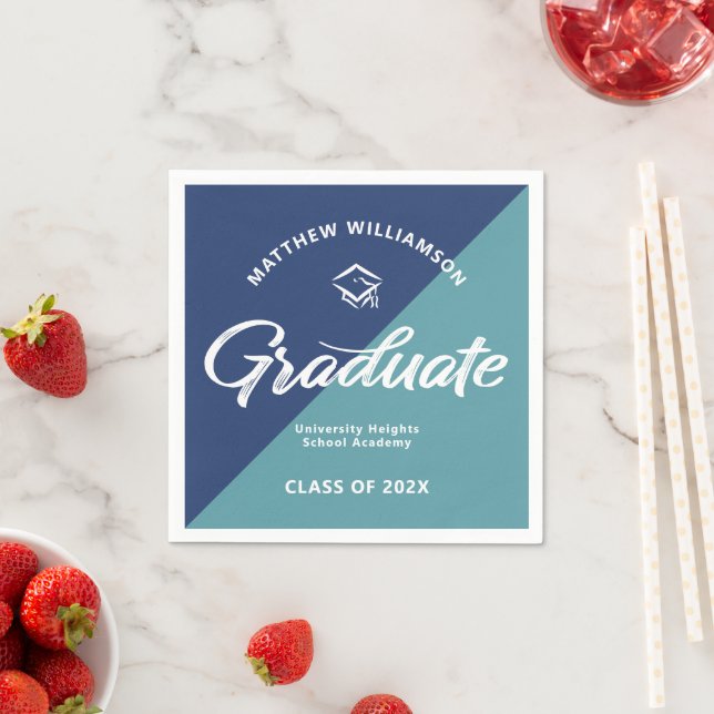 Blue Graduation Bold Retro Script Cap Icon Minimal Serviette (Beispiel)