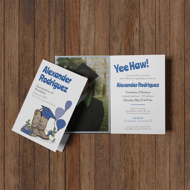 Blue Graduation Cap Cowboy Boot Arrangement Einladung (Von Creator hochgeladen)