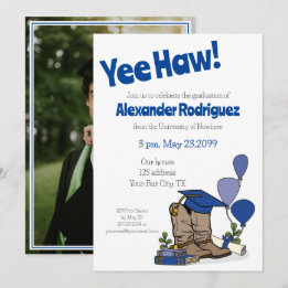 Blue Graduation Cap Cowboy Boot Arrangement Einladung