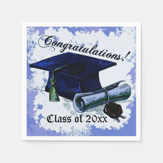Blue Graduation Cap & Diploma Napkins Serviette (Vorderseite)