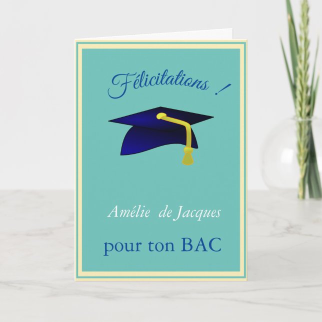 Blue Graduation Cap - Glückwünsche in Französisch Karte (Vorderseite)