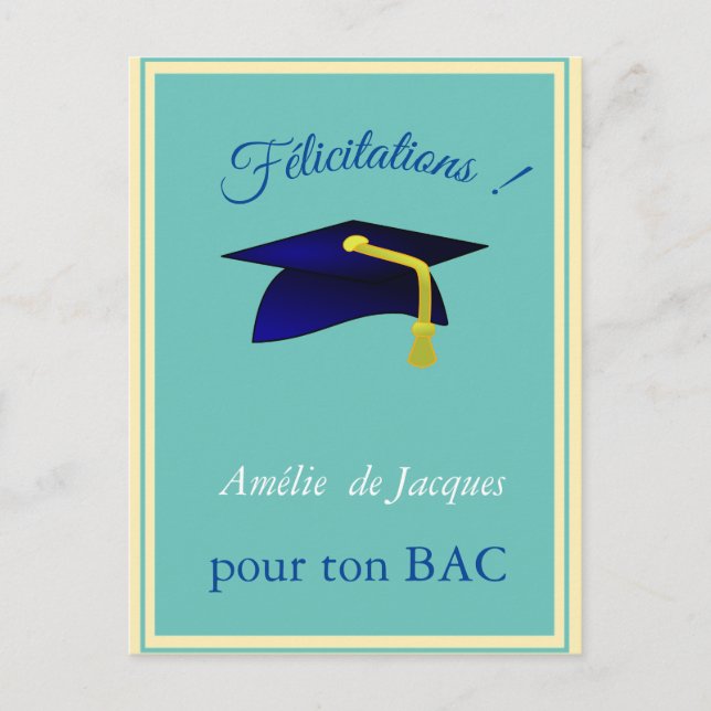 Blue Graduation Cap - Glückwünsche in Französisch Postkarte (Vorderseite)