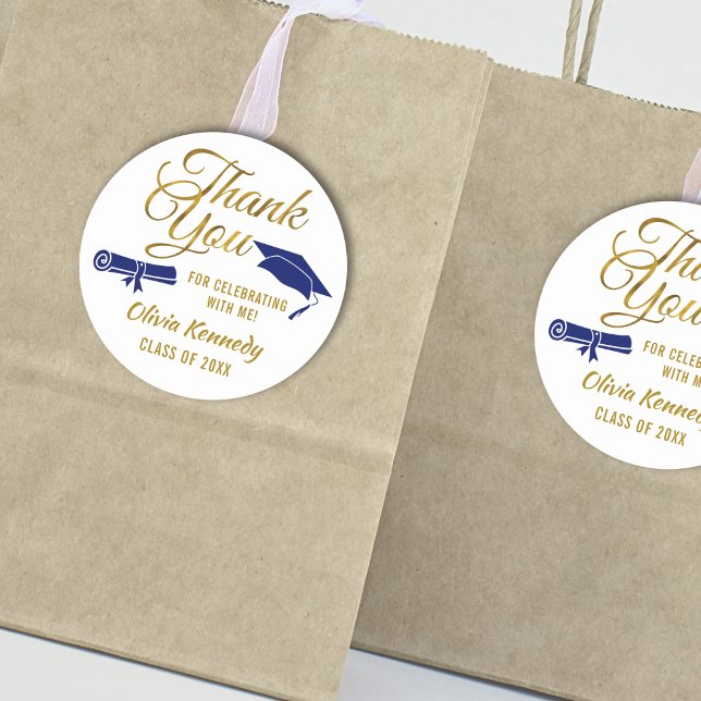 Blue Graduation Cap Gold Thank You Script Favor Runder Aufkleber (Von Creator hochgeladen)