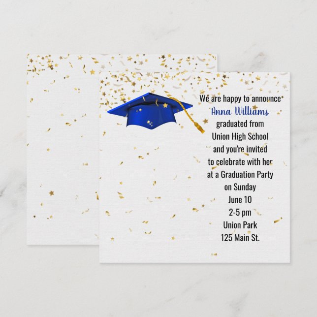 Blue Graduation Cap mit Gold Confetti Einladung (Vorne/Hinten)
