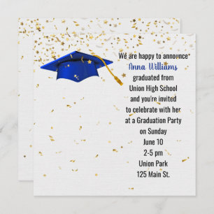 Blue Graduation Cap mit Gold Confetti Einladung