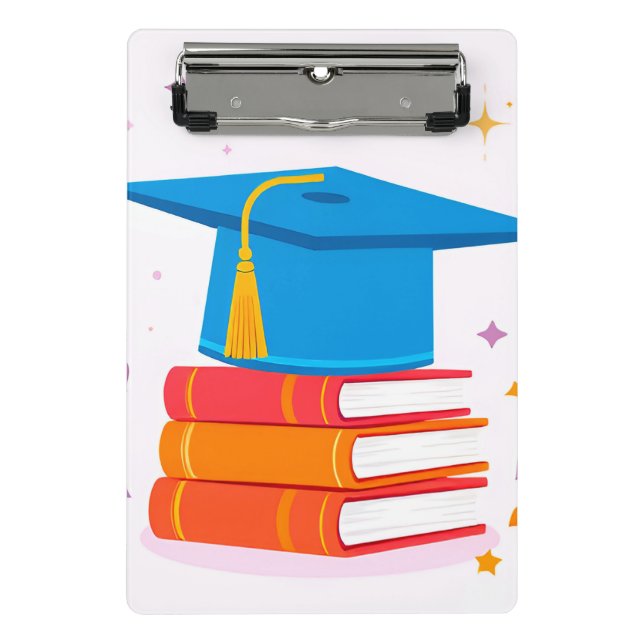 Blue Graduation Cap with Books Mini Klemmbrett (Vorderseite)