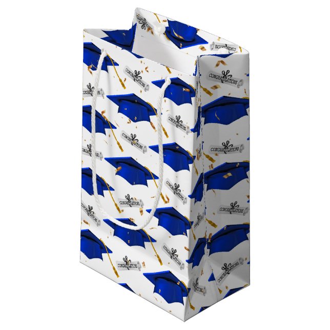 Blue Graduation Caps mit Diplomen Kleine Geschenktüte (Vorderseite Schrägansicht)