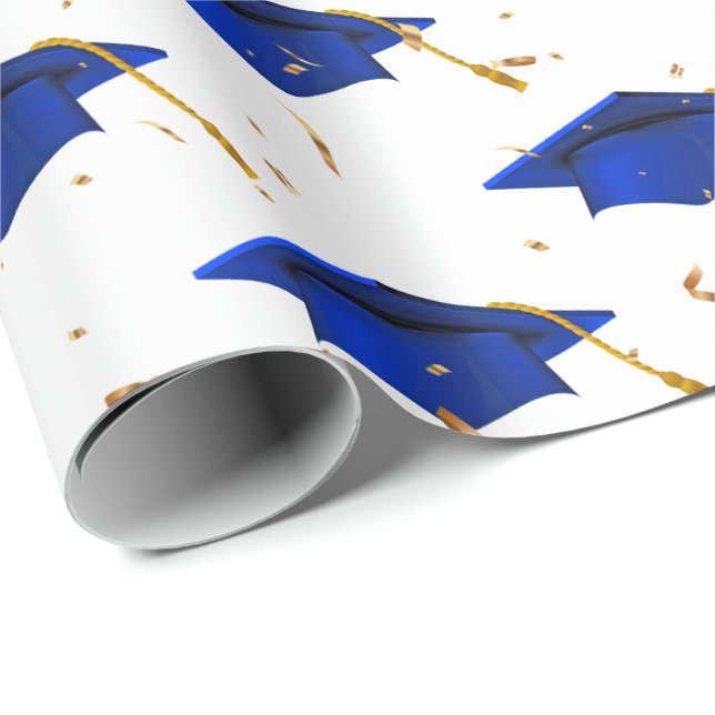 Blue Graduation Caps und Gold Confetti Geschenkpapier (Rolleneckpunkt)