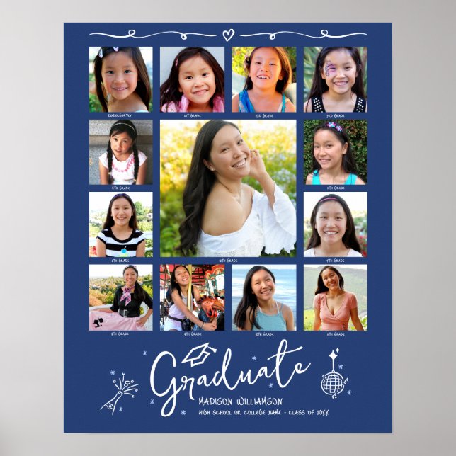 Blue Graduation K–12 Photo Collage White Doodles Poster (Vorne)