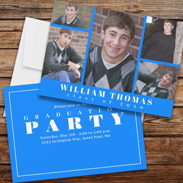 Blue Graduation Party Multi Foto Template Einladung (Von Creator hochgeladen)
