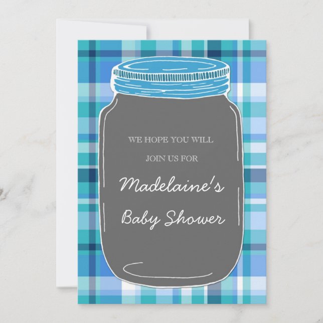 Blue Graue Mason Jar Custom Baby Dusche Einladunge Einladung (Vorderseite)