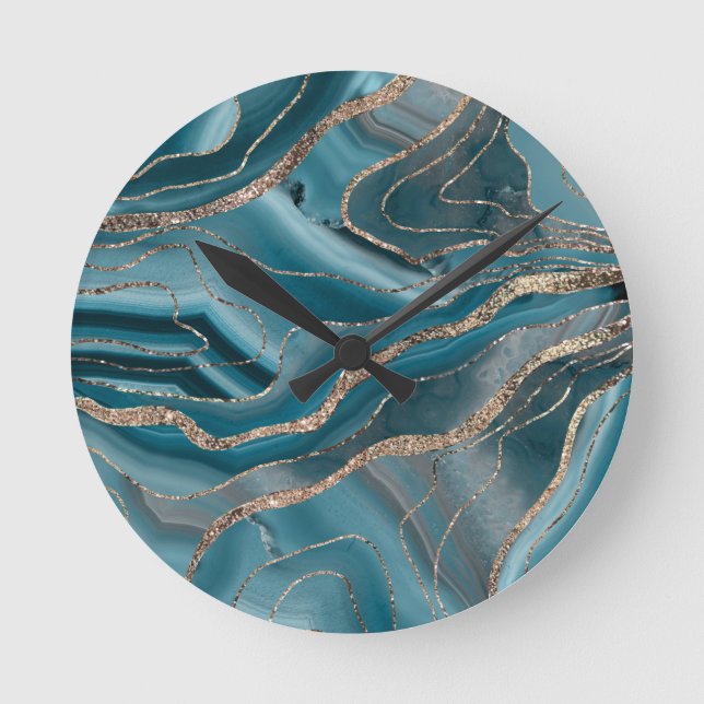 Blue Gray Agate Gold Glitzer Glam #1 Runde Wanduhr (Vorderseite)