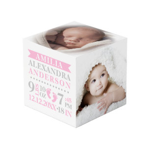 Blue Gray Birth Stats BABY Girl Keepake FOTO Würfel