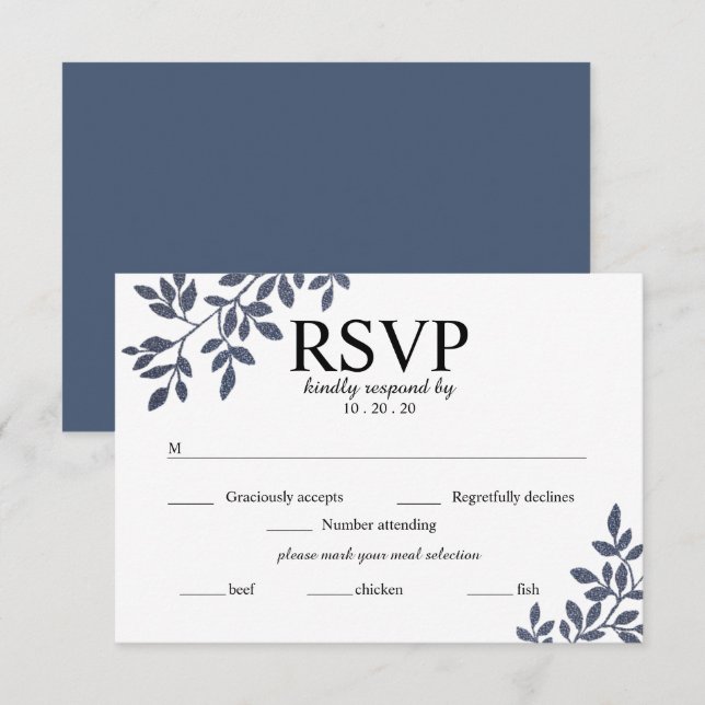 Blue Gray Botanical Glitzer Wedding RSVP Card Einladung (Vorne/Hinten)