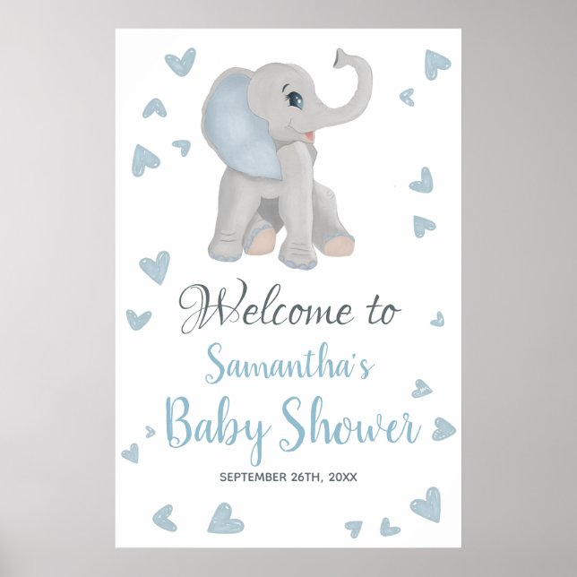 Blue Gray Boy Elephant Baby Dusche Begrüßungszeich Poster (Vorne)