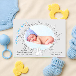 Blue Gray Bunny Baby Boy Birth Ankündigung