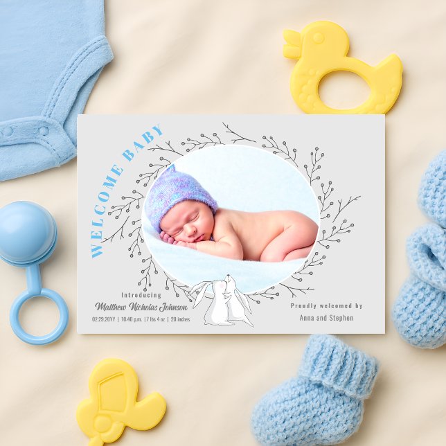 Blue Gray Bunny Baby Boy Birth Ankündigung (Adorable woodland animals welcome baby boy birth announcement front view)