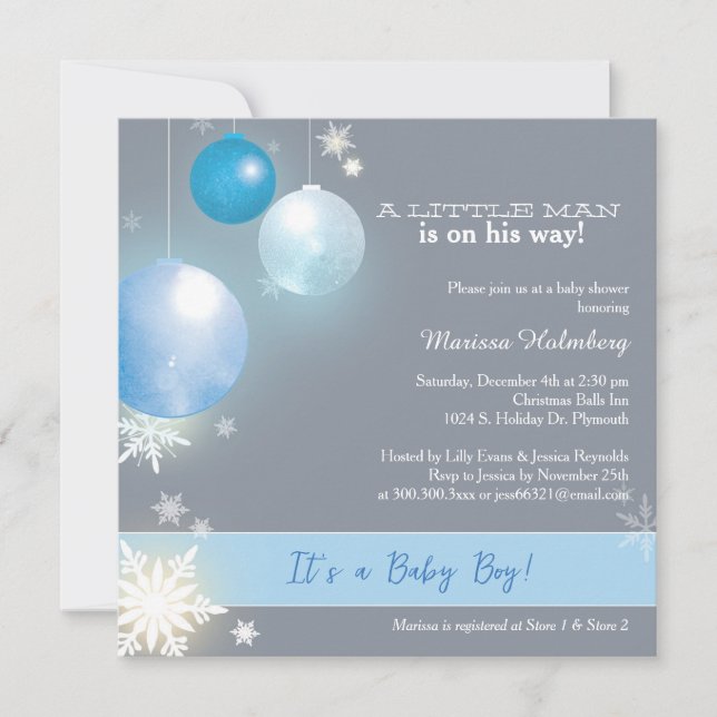 Blue & Gray Christmas Baby Boy Dusche Einladung (Vorderseite)