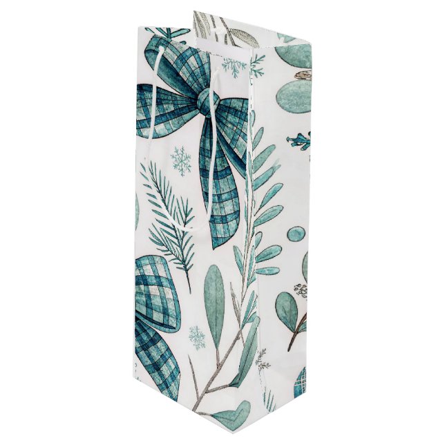 BLUE & GRAY CHRISTMAS BALLS & BOWS GESCHENKTÜTE FÜR WEINFLASCHEN (Vorderseite Schrägansicht)