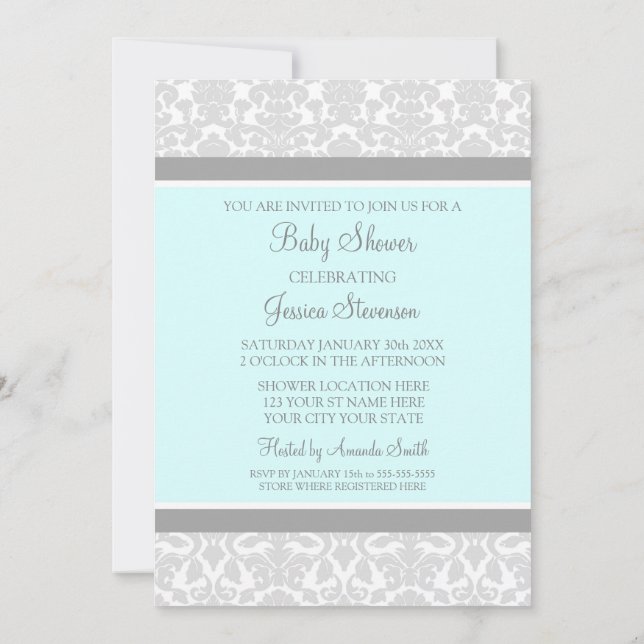 Blue Gray Damask Custom Baby Shower Einladungen (Rückseite)