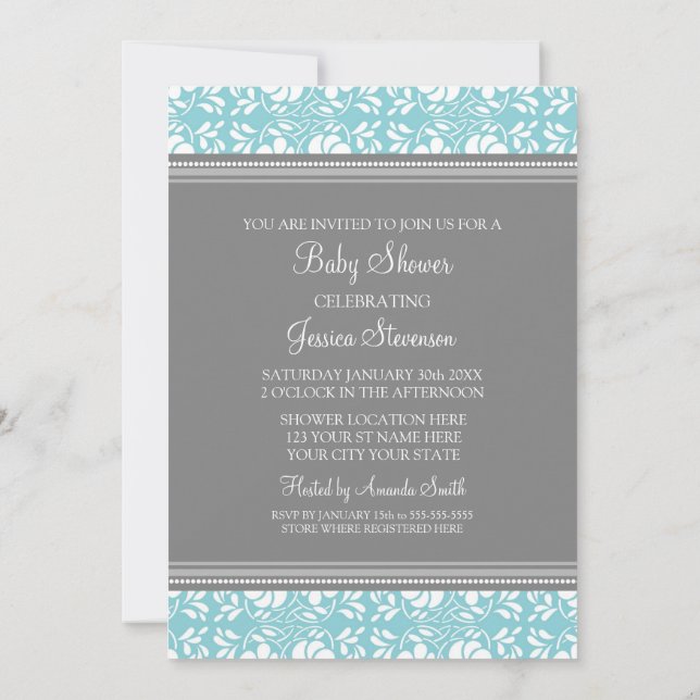 Blue Gray Damask Custom Baby Shower Einladungen (Rückseite)