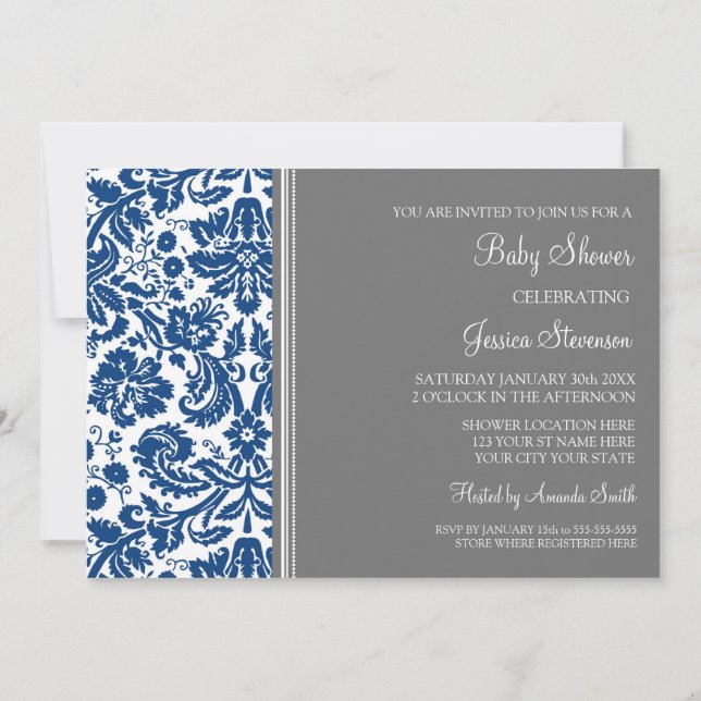 Blue Gray Damask Custom Baby Shower Einladungen (Rückseite)
