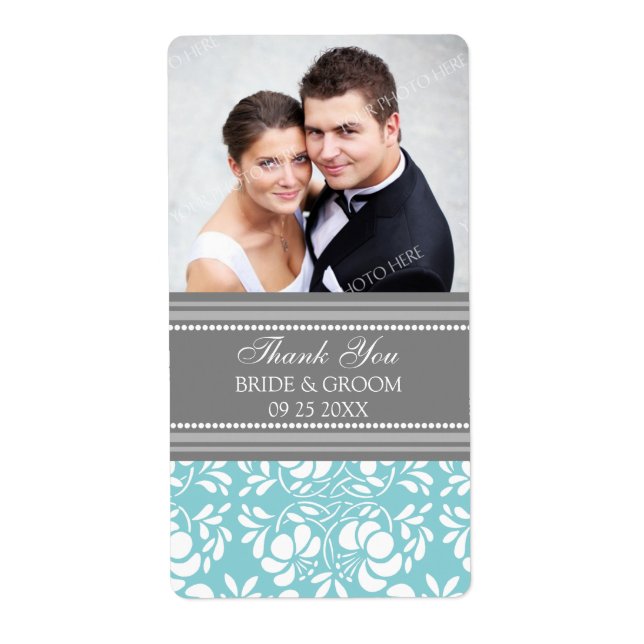 Blue Gray Damask Foto Wedding Labels (Vorne)