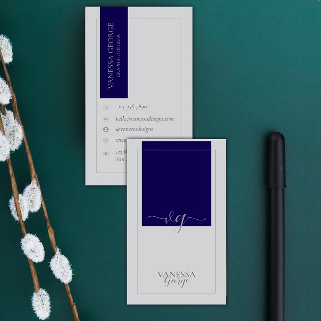 Blue Gray Elegant Niedlich Modernes Monogramm Cust Visitenkarte (Blue Grey Elegant Cute Modern Monogram Custom Business Card)