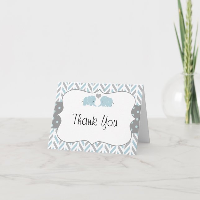Blue Gray Elephant Baby Dusche Danke Karte (Vorderseite)