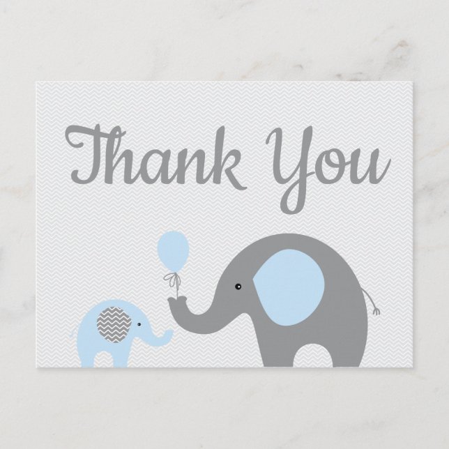 Blue Gray Elephant Baby Dusche Danke Postcard Postkarte (Vorderseite)