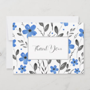 Blue Gray Five Petal Watercolor Floral Motif Dankeskarte