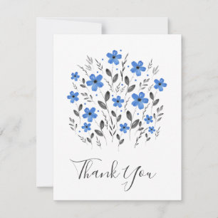 Blue Gray Five Petal Watercolor Floral Motif Dankeskarte
