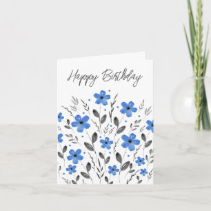 Blue Gray Five Petal Watercolor Floral Motif Karte