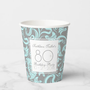 Blue Gray Floral 80. Geburtstagsparty Paper Cup Pappbecher