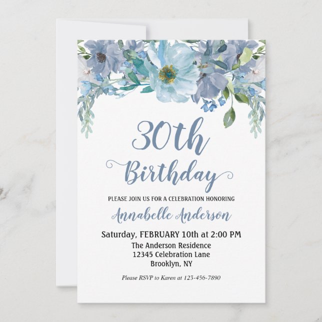 Blue Gray Floral Garden Aquarellschrift Geburtstag Einladung (Vorderseite)