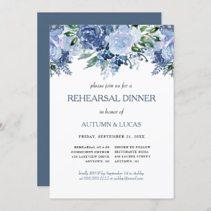 Blue Gray Floral Wedding Probe Dinner Einladung