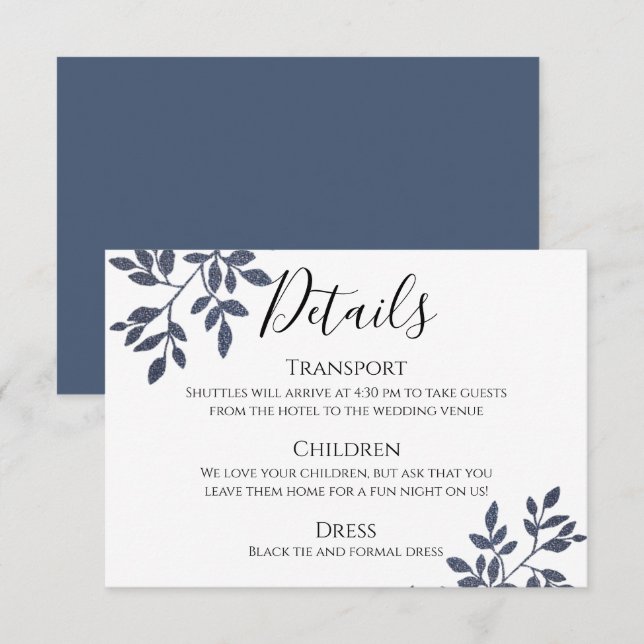 Blue Gray Glitzer Botanical Wedding Details Card Einladung (Vorne/Hinten)