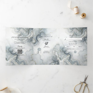 Blue Gray & Gold Beachy Watercolor Beach Hochzeit Dreifach Gefaltete Einladung