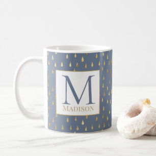 Blue Gray Gold Raindrop Modern Trendy Monogram Kaffeetasse
