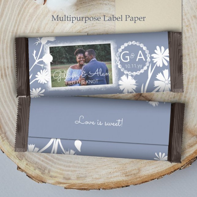 Blue-Gray Hochzeitbudget Foto Candy Bar Wrapper (blue white floral wedding personalized chocolate candy bar wrapper label paper custom party favor)