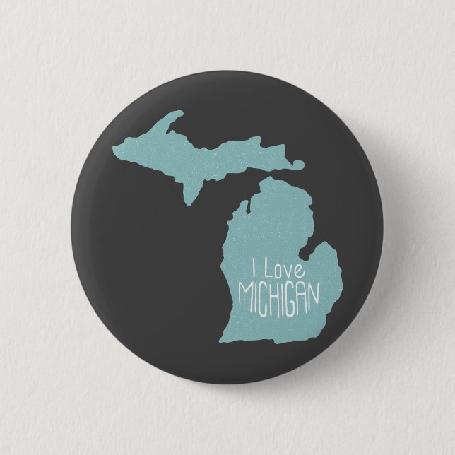 Blue Gray I Liebe Michigan Silhouette auf Grau Button (Vorderseite)