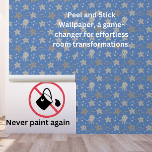 Blue Gray Kids Nautical Starfish Squid Tapete