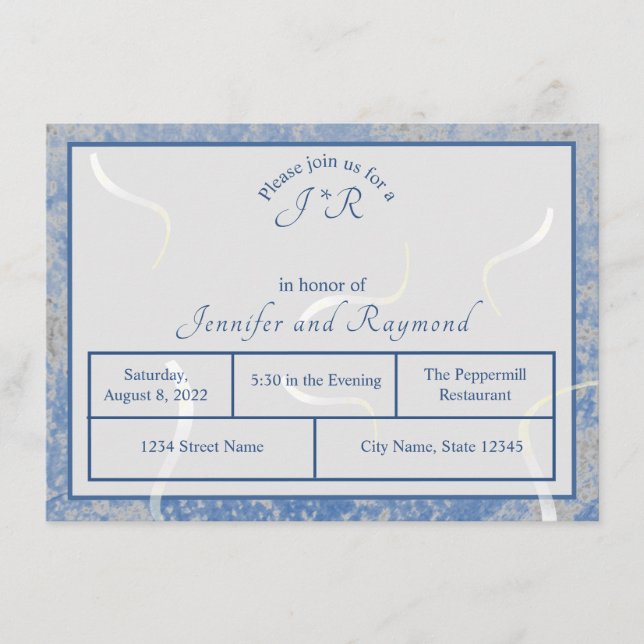 Blue & Gray Marble Monogrammierte Probe Dinner Begleitkarte (Vorderseite)