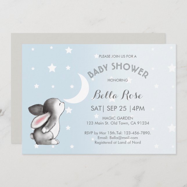 Blue Gray Moon Stars Bunny Baby Shower Einladungen (Vorne/Hinten)