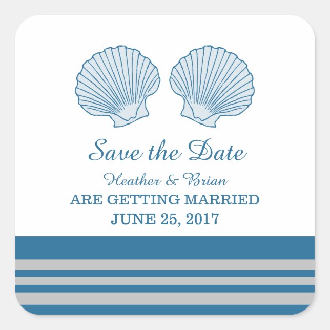 Blue Gray Nautical Seashells Save the Date Quadratischer Aufkleber (Vorderseite)