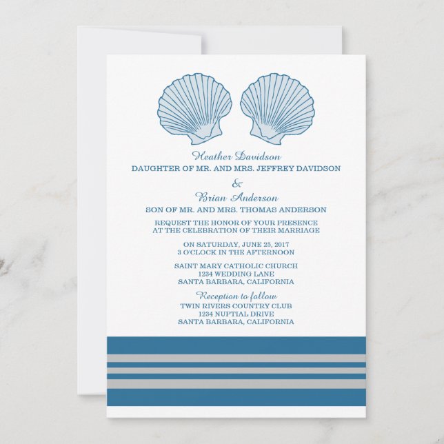 Blue Gray Nautical Seashells Wedding Invite Einladung (Vorderseite)