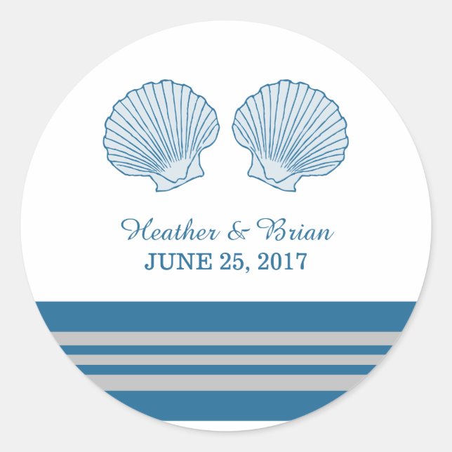 Blue Gray Nautical Seashells Wedding Stickers (Vorderseite)