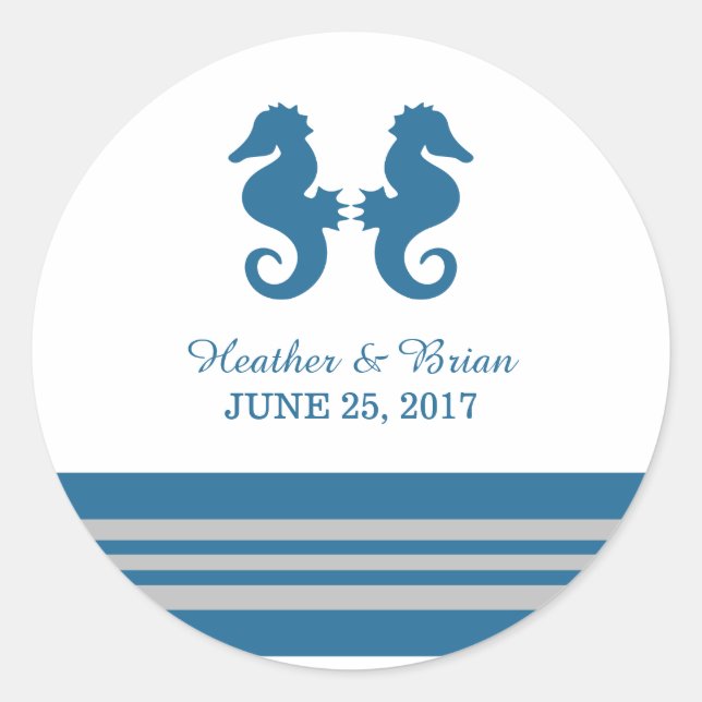 Blue Gray Nautical Seepferd Wedding Stickers (Vorderseite)