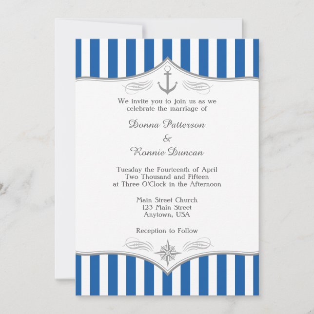 Blue Gray Nautical Wedding Einladung (Vorderseite)